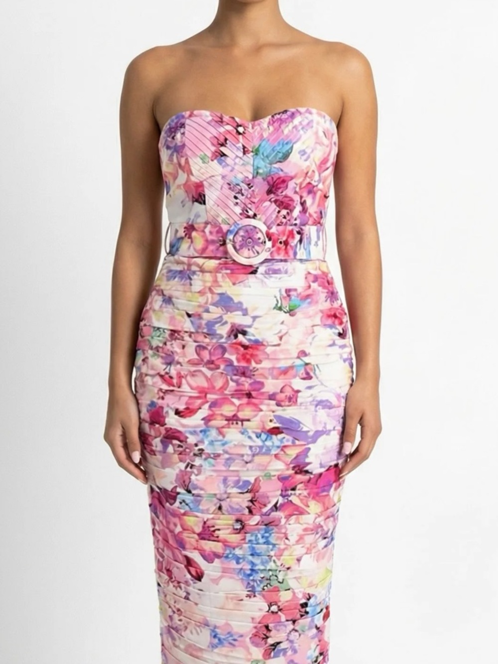 HEMANT & NANDITA Pink Floral Halter Belted Midi Dress Derby or Mother’s Day